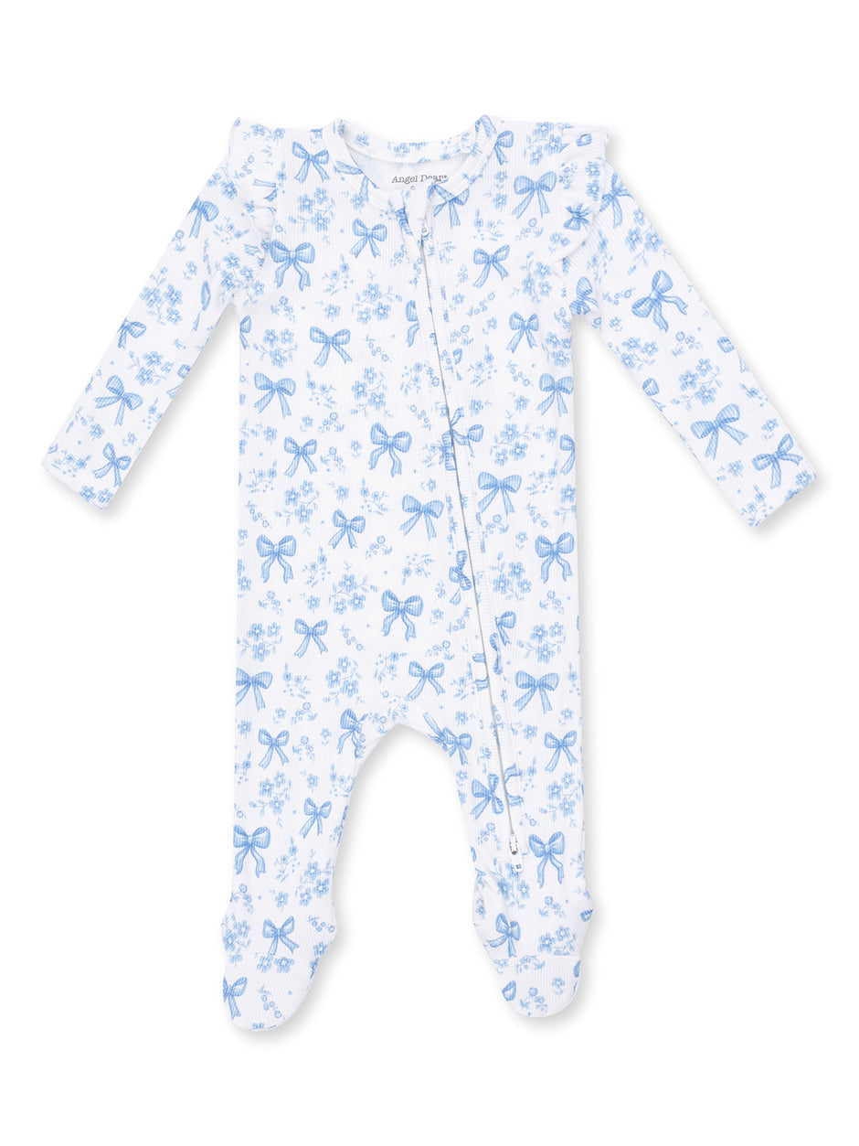 Ribbed Ruffle Sleeve 2-Way Zip Footie, Blue Bows and Flowers