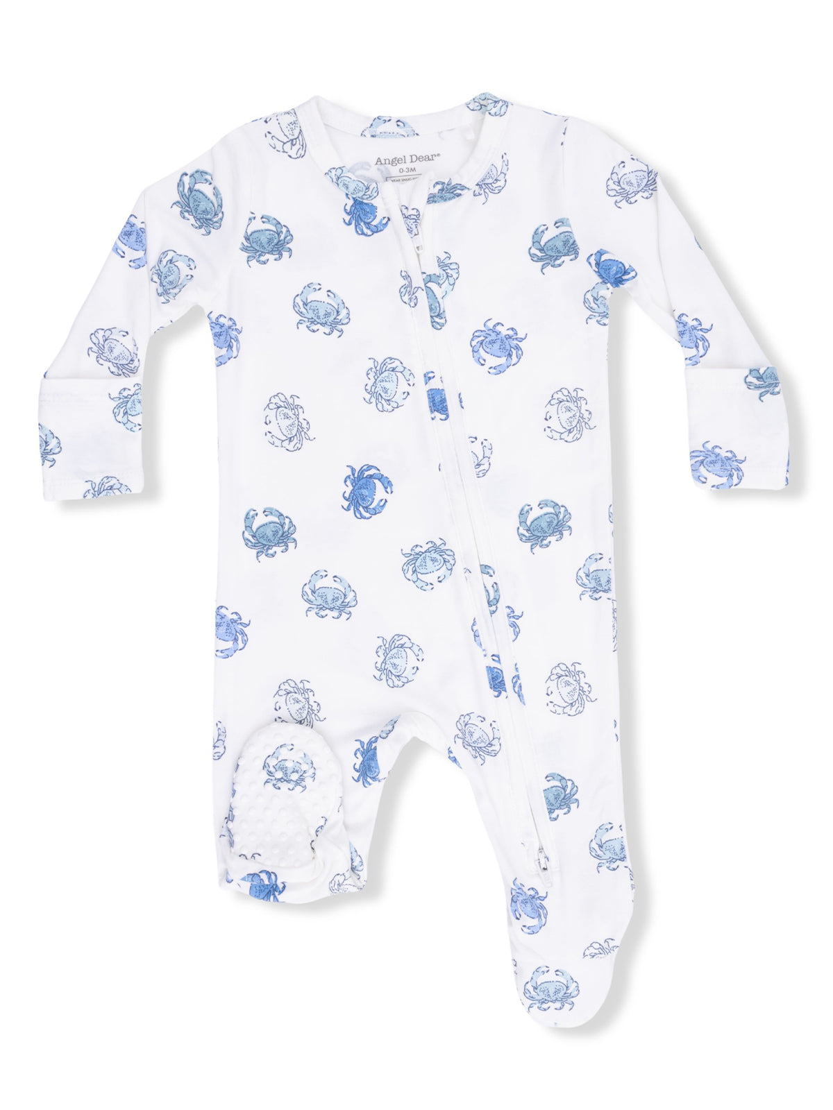 White baby onesie with blue crab patterns and a front zipper closure. Ideal for infants aged 0-3 months.