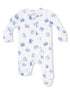 White baby onesie with blue crab patterns and a front zipper closure. Ideal for infants aged 0-3 months.