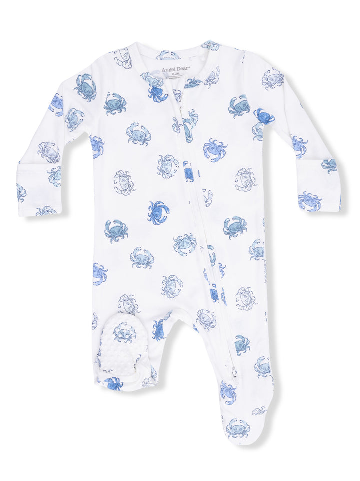 White baby onesie with blue crab patterns and a front zipper closure. Ideal for infants aged 0-3 months.