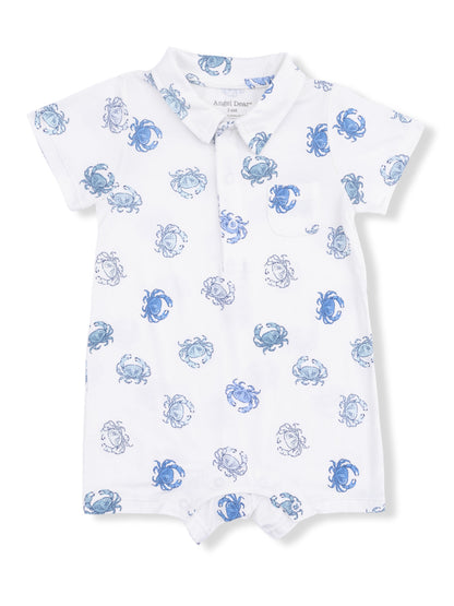 White baby onesie with blue crab print and a polo collar design. Ideal for summer and beach outings.