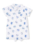 White baby onesie with blue crab print and a polo collar design. Ideal for summer and beach outings.
