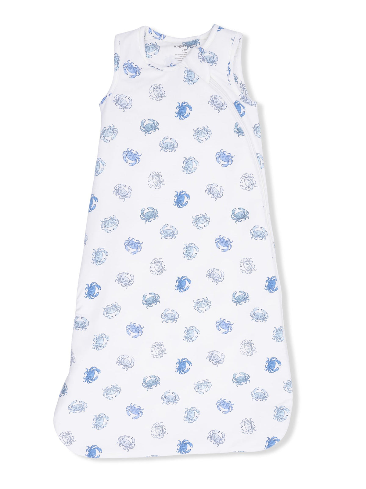 White baby sleep sack featuring blue crab patterns throughout. Ideal for comfort and warmth during sleep.