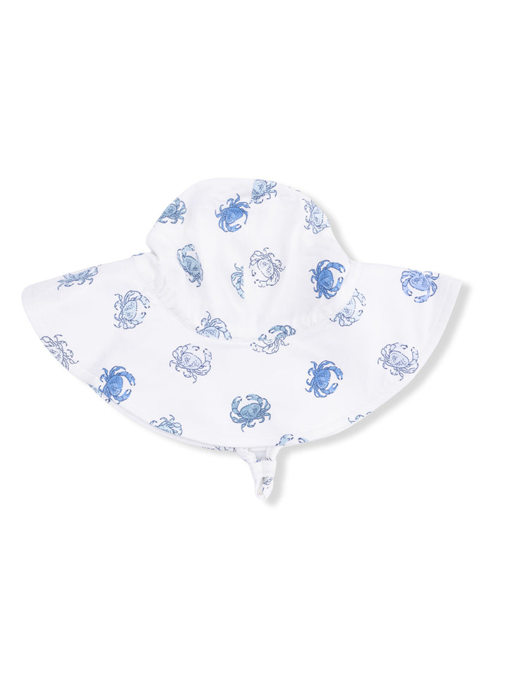 White sun hat with blue crab prints, featuring a wide brim and chin strap for secure wear.