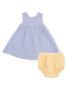 Girls' blue gingham dress with yellow bloomers set. Perfect for casual outings or playdates.
