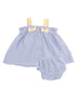 Blue gingham dress with yellow bows and matching bloomers for toddlers.