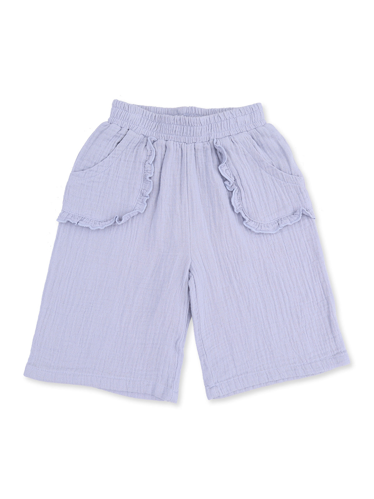 Light purple, ruffled shorts with two pockets, suitable for casual wear. Ideal for warm weather comfort.