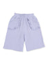 Light purple, ruffled shorts with two pockets, suitable for casual wear. Ideal for warm weather comfort.