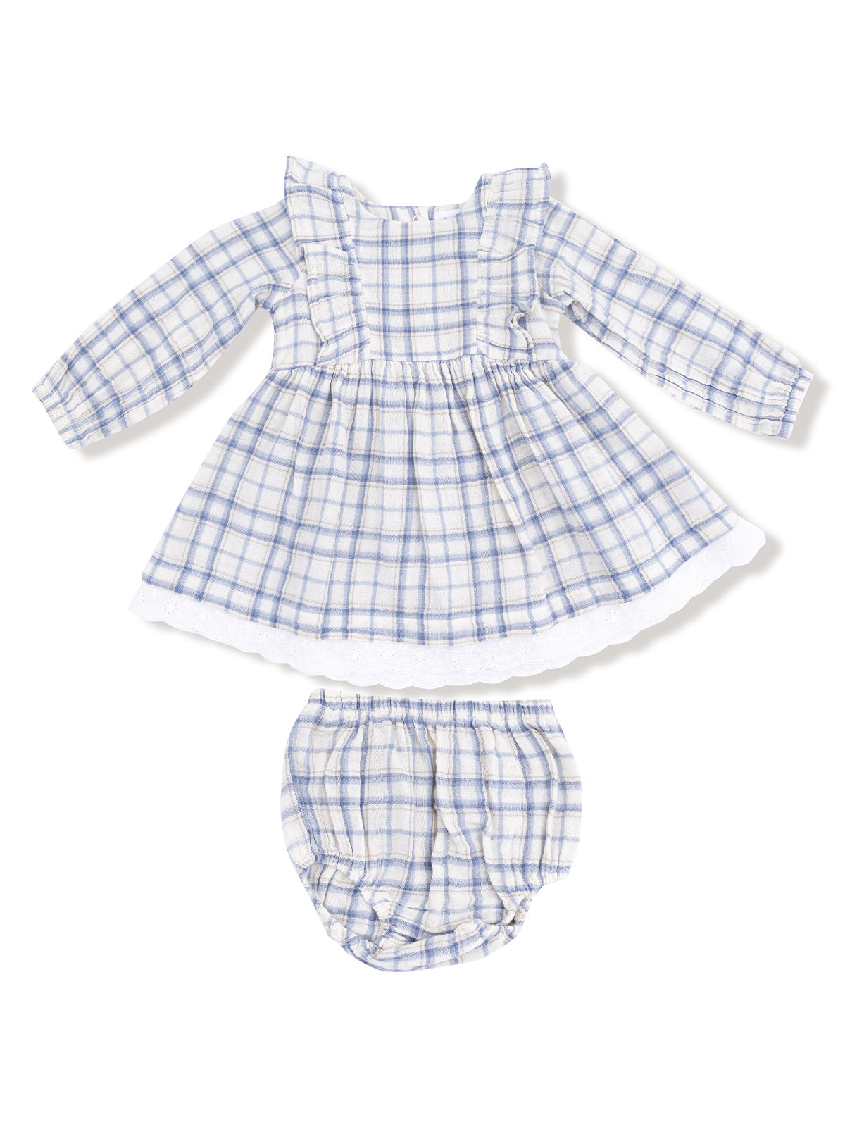 Blue and white checkered dress with ruffles and matching bloomers. Ideal for children's wear.