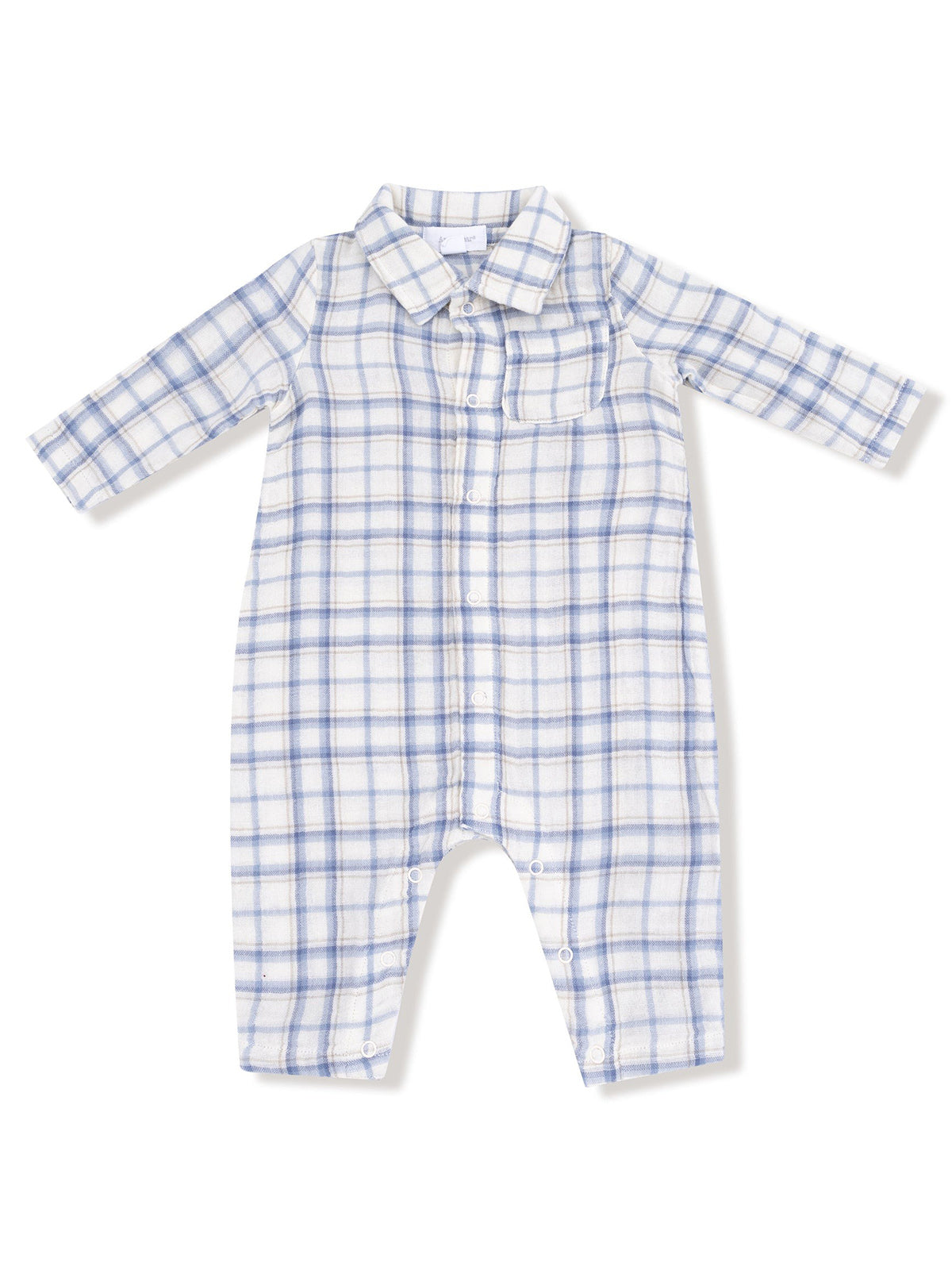 Blue and white plaid baby onesie with long sleeves and a front pocket.