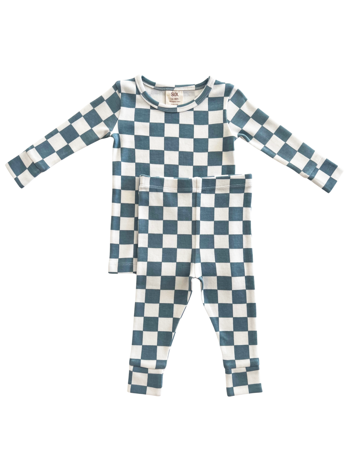 Patterned cotton pajama set with blue and white checkered design, including long-sleeve top and pants.