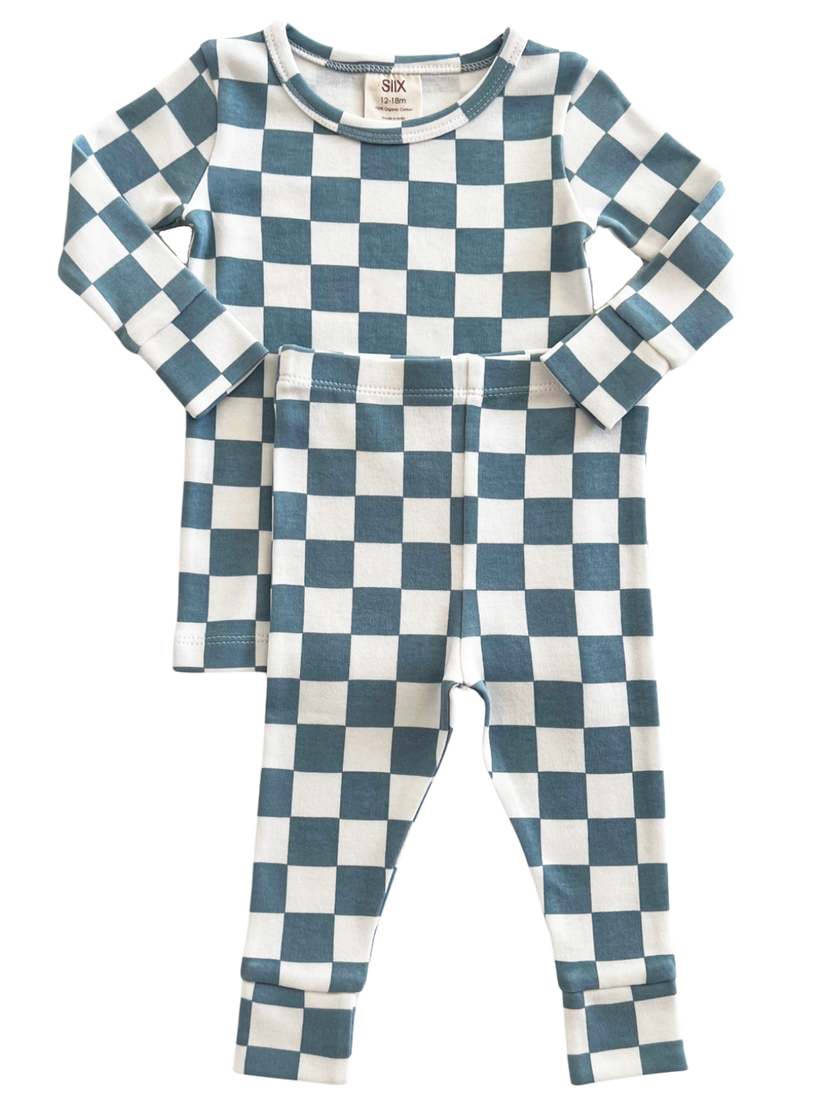 Blue and white checkered baby pajama set, includes long-sleeve top and matching pants. Perfect for cozy nights.