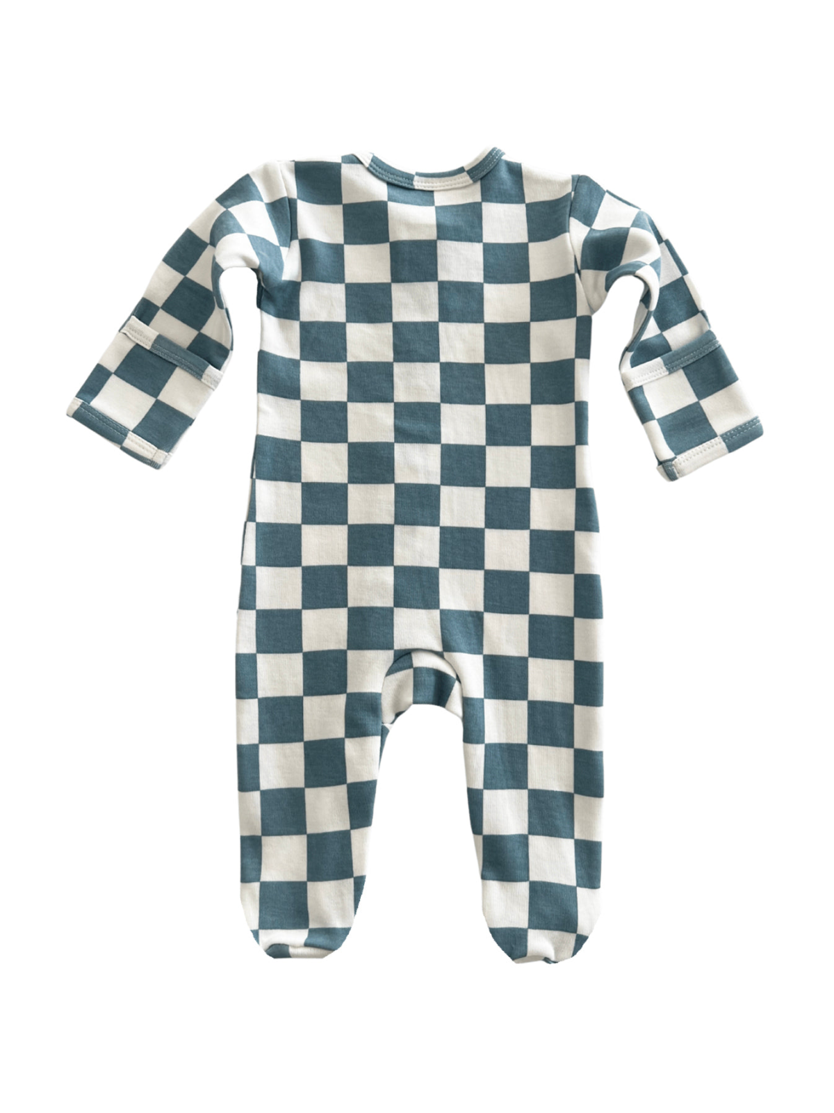 Blue and white checkered baby onesie with long sleeves and footed design.