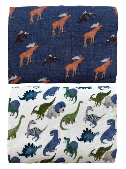 2-Pack Muslin Swaddles, Blue Moose/Painterly Dinos