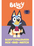 Bluey, a blue heeler puppy, dressed in a vampire costume with a spider hanging above him. Title reads "Bluey's Halloween Mix-and-Match."