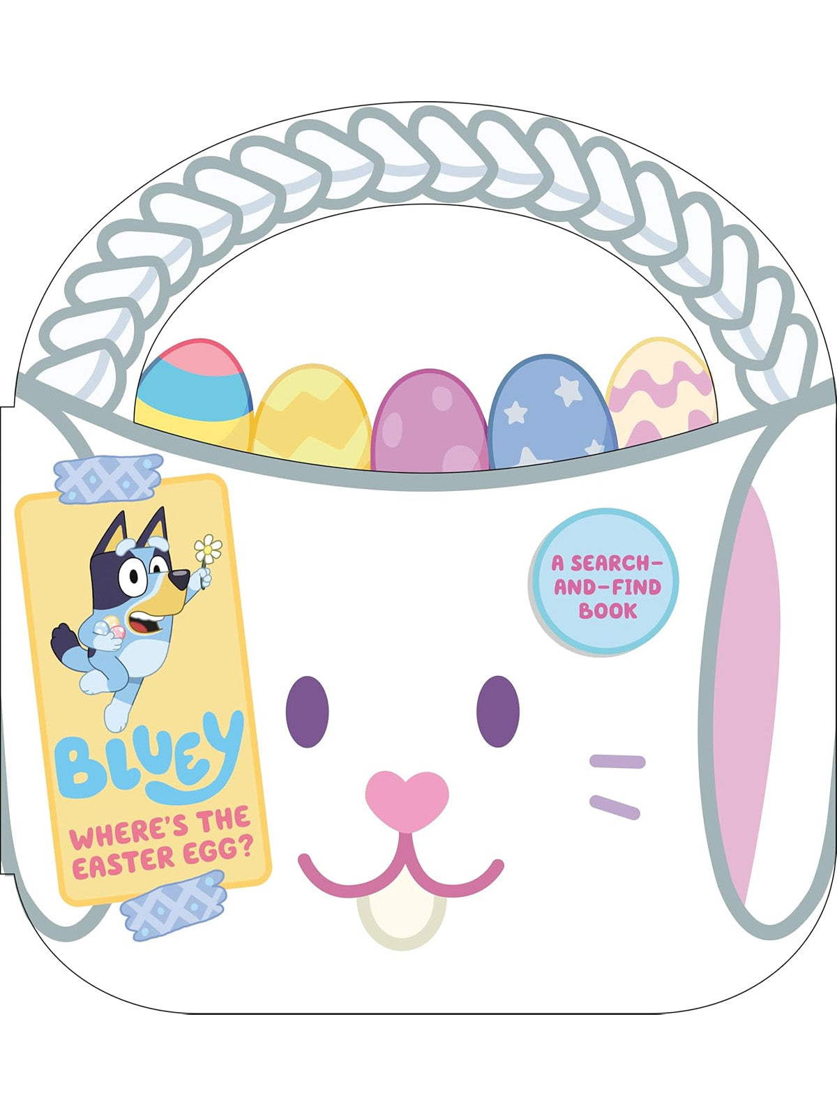 Illustration of a bunny-shaped basket filled with colorful Easter eggs and a tag for "Bluey: Where's the Easter Egg?" book.