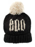 Black knitted hat with white pom-pom, featuring the number "800" in a decorative stitched design.