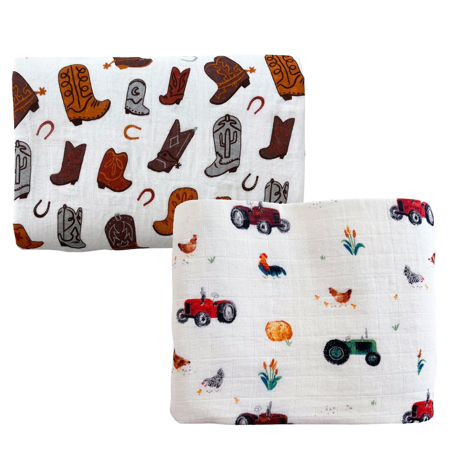 2-Pack Muslin Swaddles, Cowboy Boots/Tractors