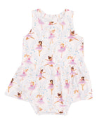 Ballet-themed baby romper featuring diverse girls dancing in pastel colors on a light background.