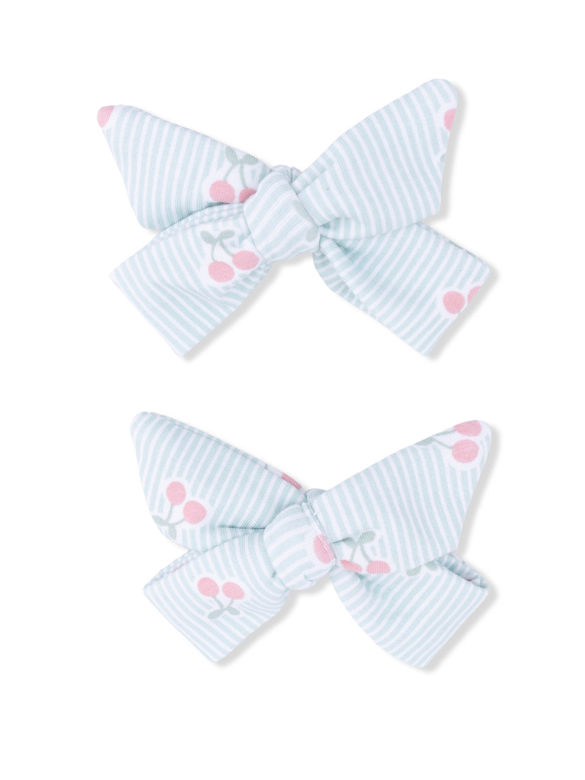 Light blue striped hair bows with pink cherry patterns, arranged in a pair.