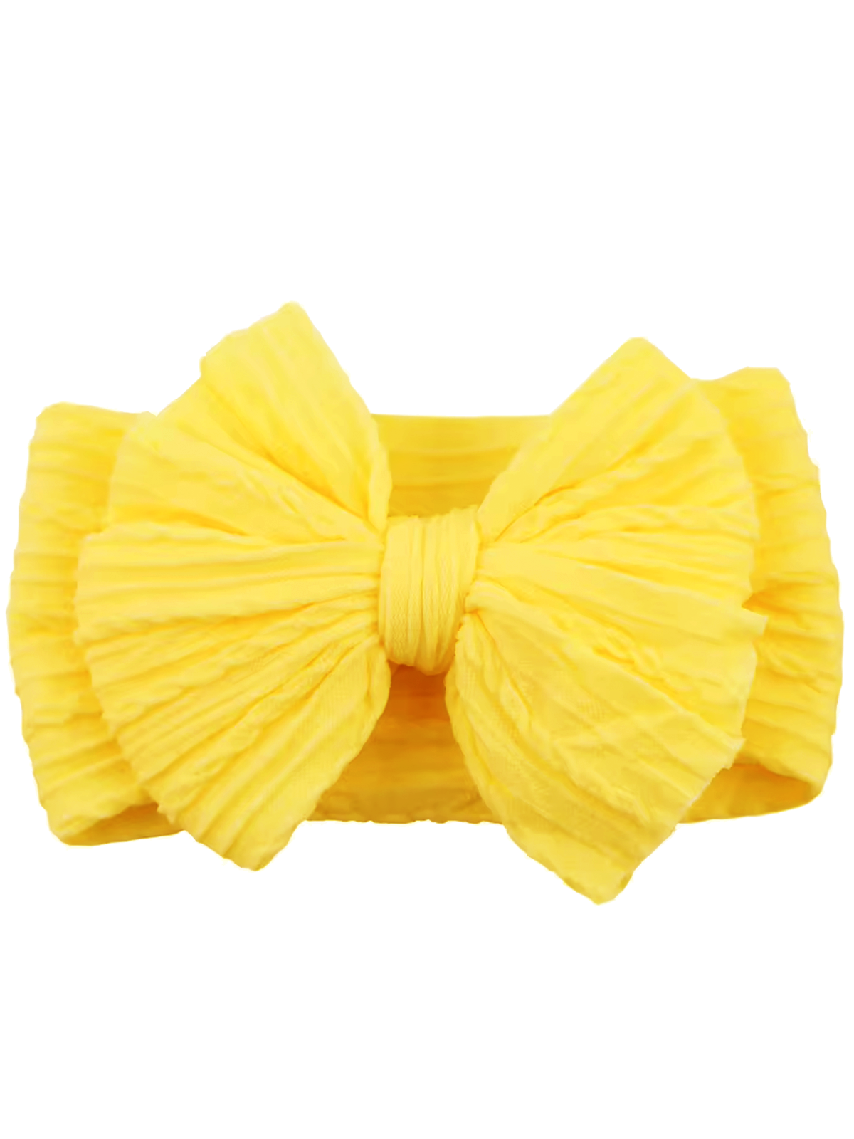 Yellow fabric hair bow with a textured finish, arranged in a large, elegant bow shape.