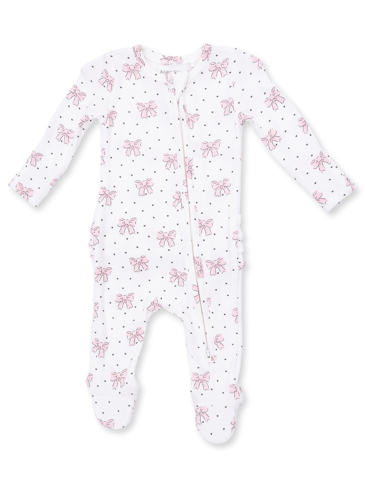 Ribbed 2-Way Ruffle Zip Footie, Bows and Hearts