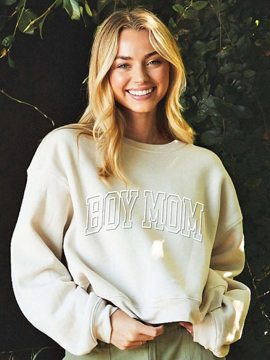 Boy Mom Puff Print Mid-Length Women's Sweatshirt, Heather Dust