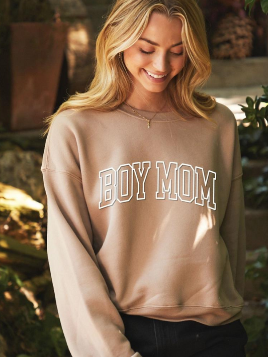 Boy Mom Puff Print Mid-Length Women's Sweatshirt, Tan