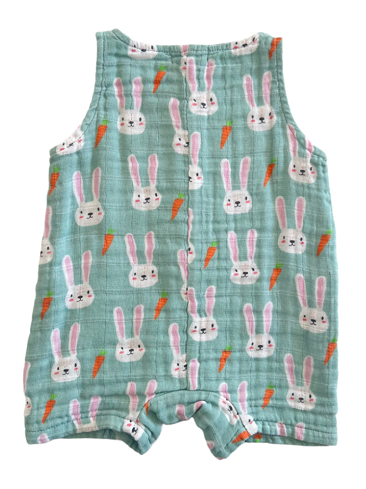 A light green, sleeveless romper with a bunny and carrot pattern. Ideal for infants and toddlers.