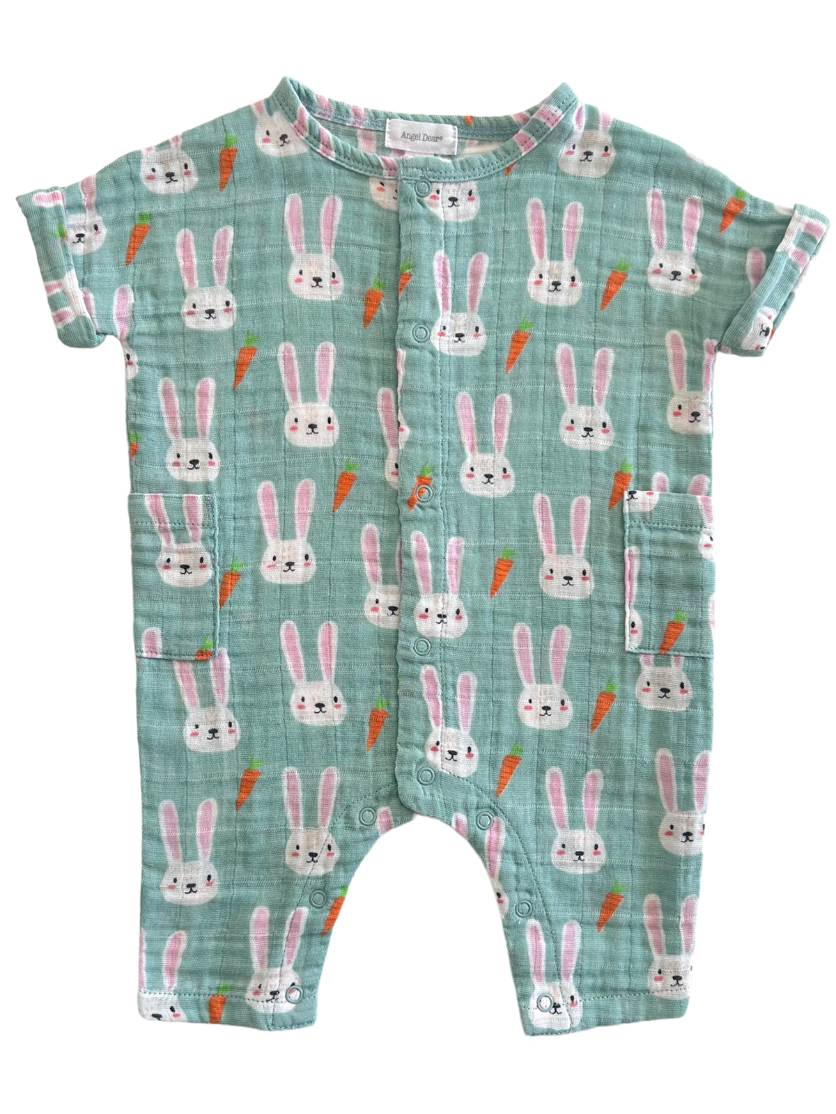 Light green baby onesie with a bunny and carrot pattern, featuring short sleeves and button closures.