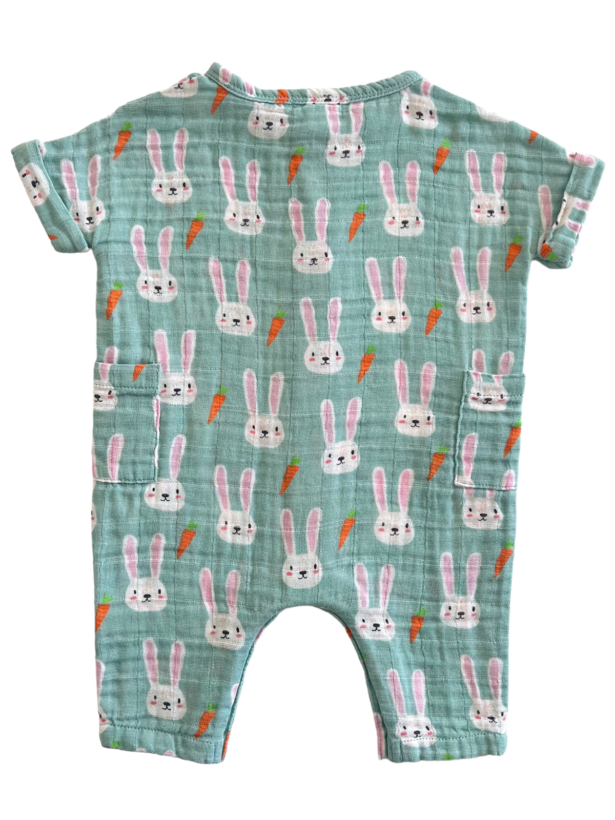 Light blue romper featuring cute bunny faces and orange carrots in a playful pattern. Suitable for babies and toddlers.