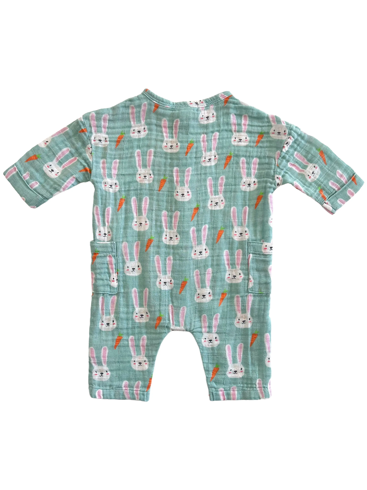 Mint green romper with a playful bunny and carrot pattern, featuring short sleeves and two pockets.