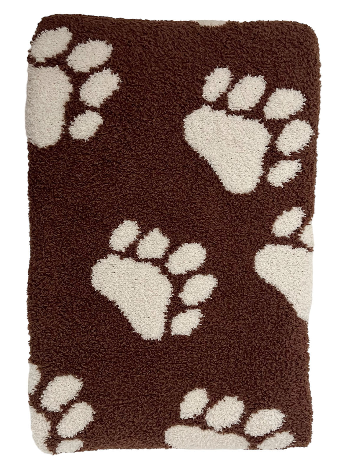 Brown rug with white paw print patterns on a soft, fluffy texture. Ideal for pet lovers.