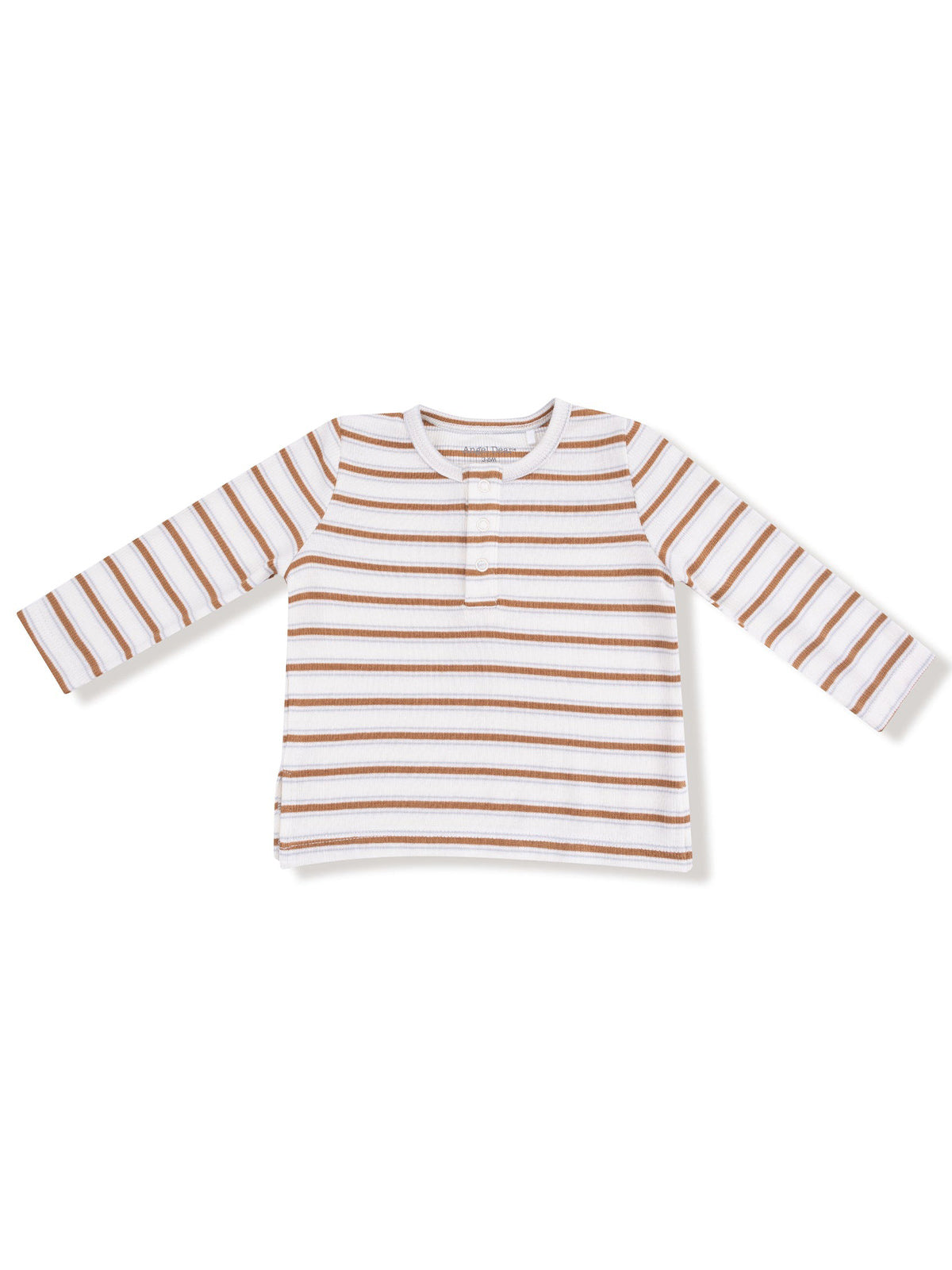 Striped long-sleeve shirt in white, brown, and light blue tones with a button placket at the neckline.