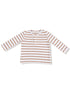 Striped long-sleeve shirt in white, brown, and light blue tones with a button placket at the neckline.