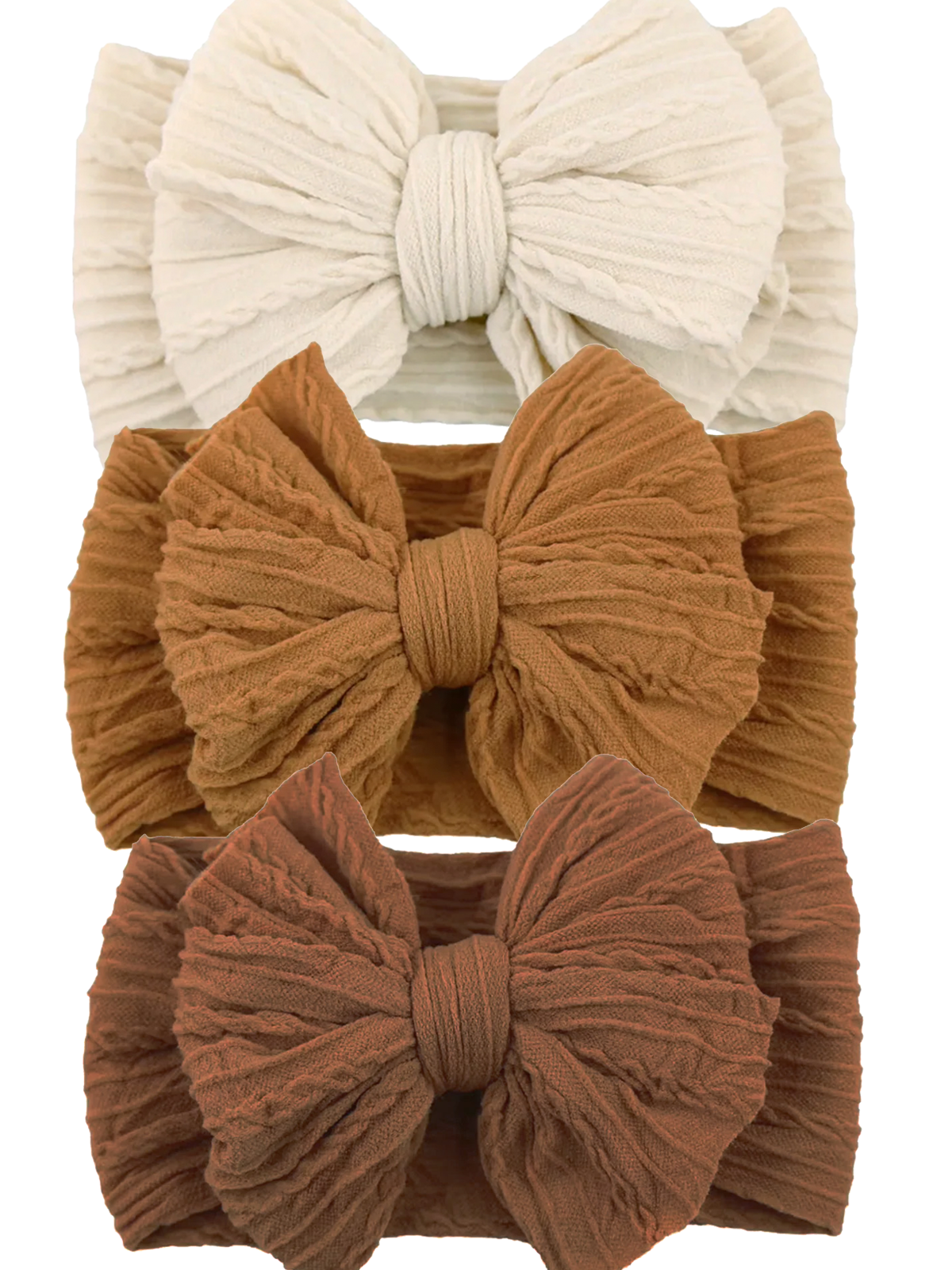 Three textured hairbands in cream, light brown, and dark brown, each featuring a large bow design.