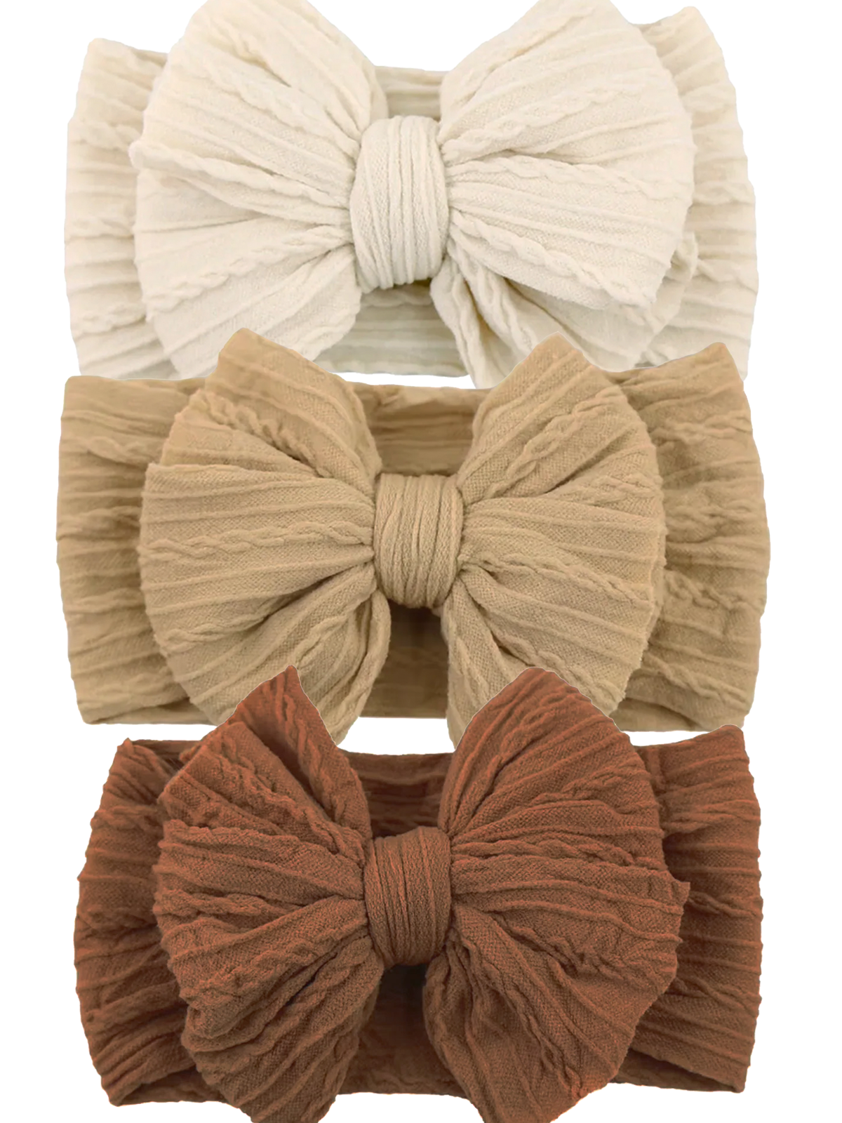 Three fabric headbands in cream, beige, and rust colors, each featuring a large bow design.