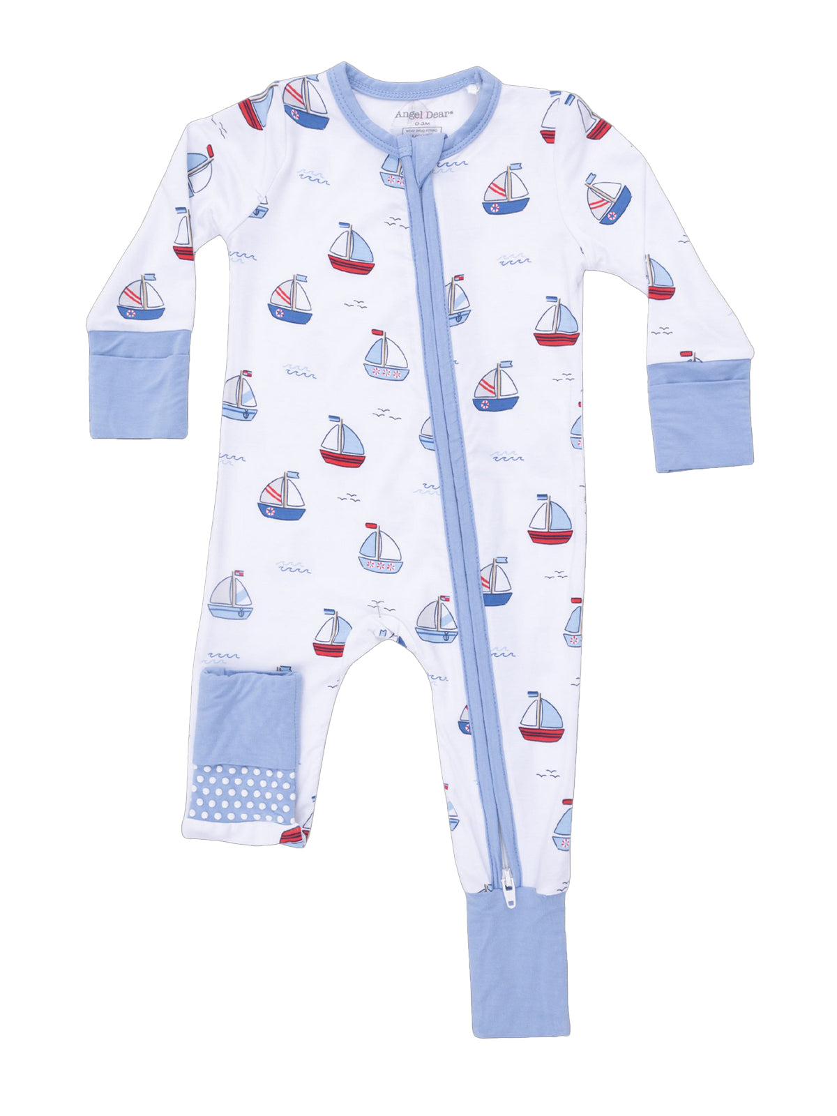 Sailboat-patterned baby onesie in white and light blue, featuring a front zipper and pocket detail.