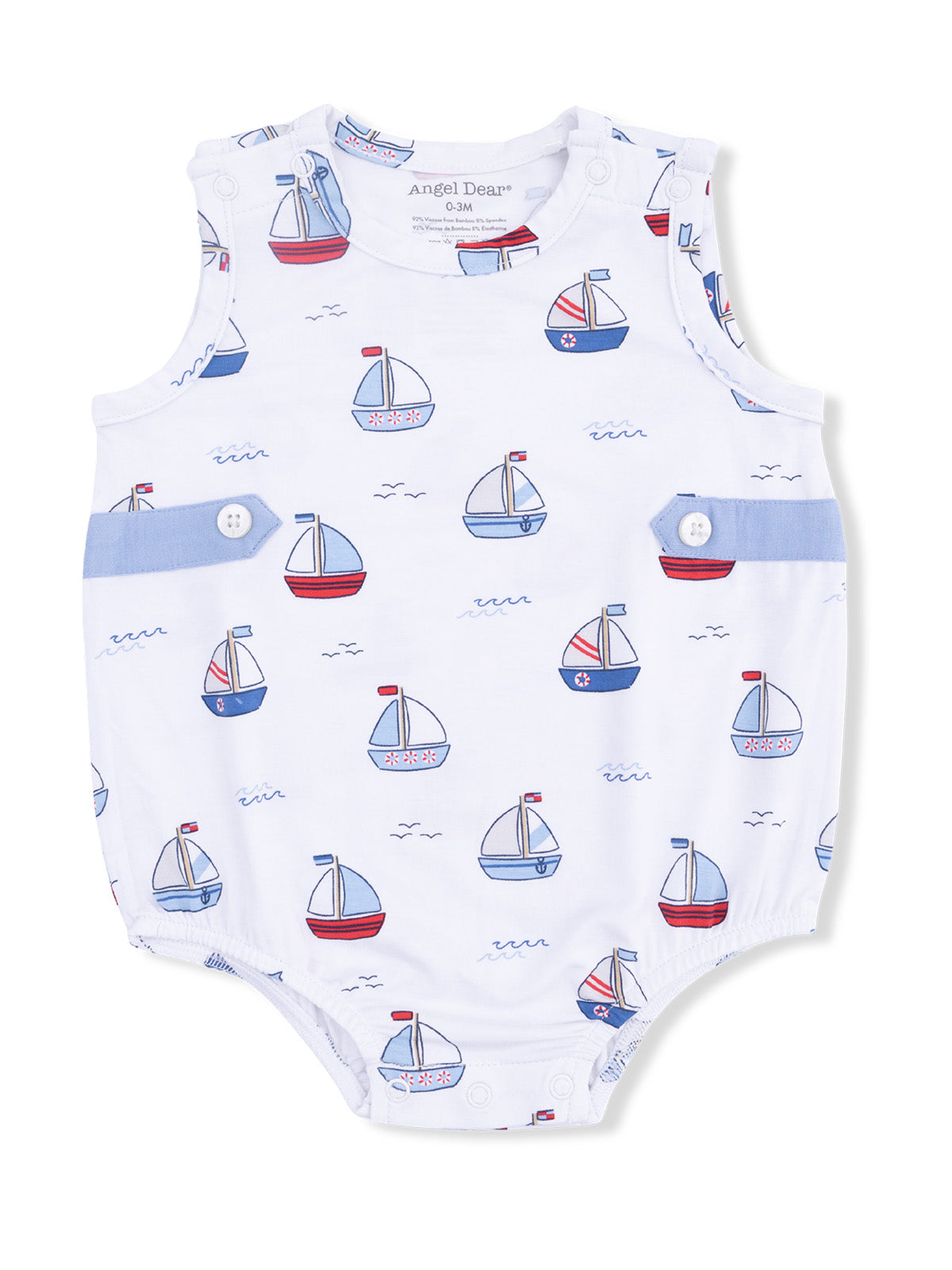 White baby romper with colorful sailboat print, blue buttons, and short sleeves, ideal for infants 0-3 months.