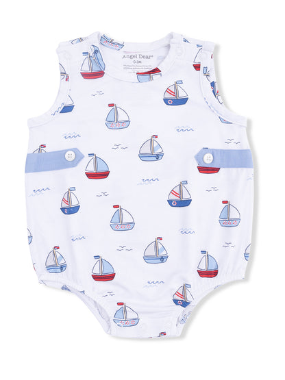 White baby romper with colorful sailboat print, blue buttons, and short sleeves, ideal for infants 0-3 months.