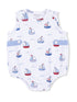 White baby romper with colorful sailboat print, blue buttons, and short sleeves, ideal for infants 0-3 months.