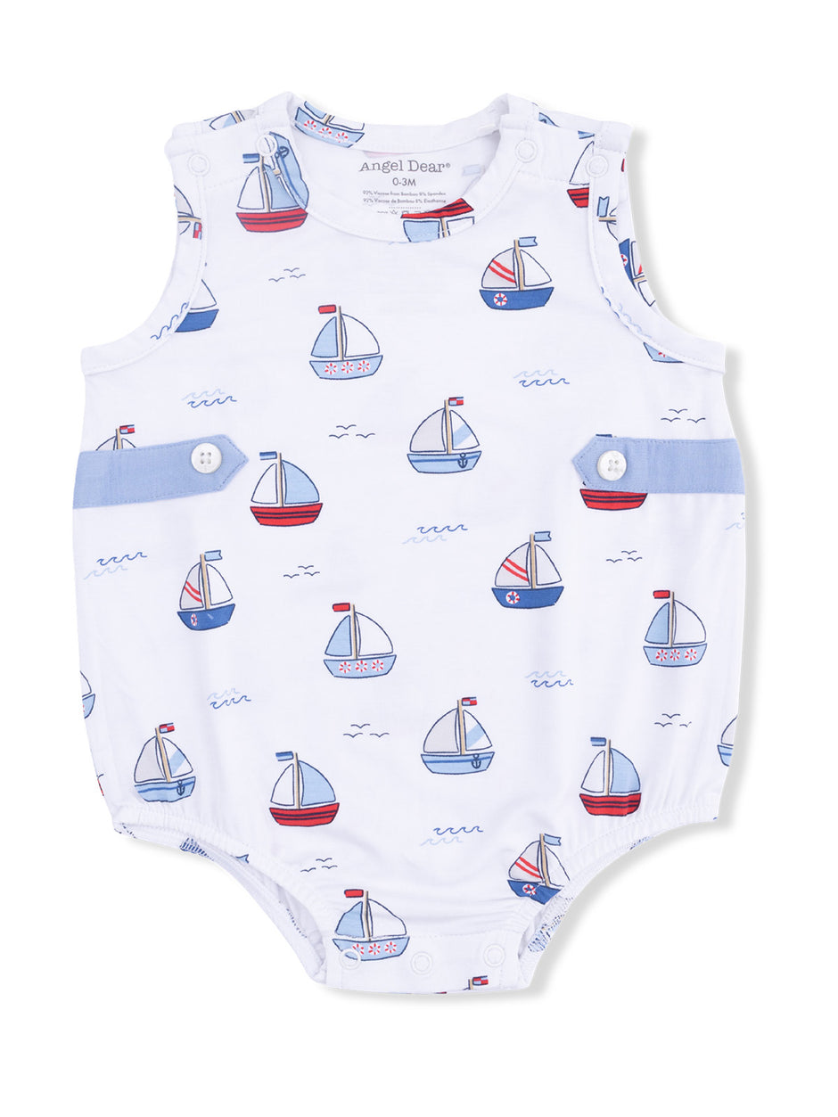 White baby romper with colorful sailboat print, blue buttons, and short sleeves, ideal for infants 0-3 months.