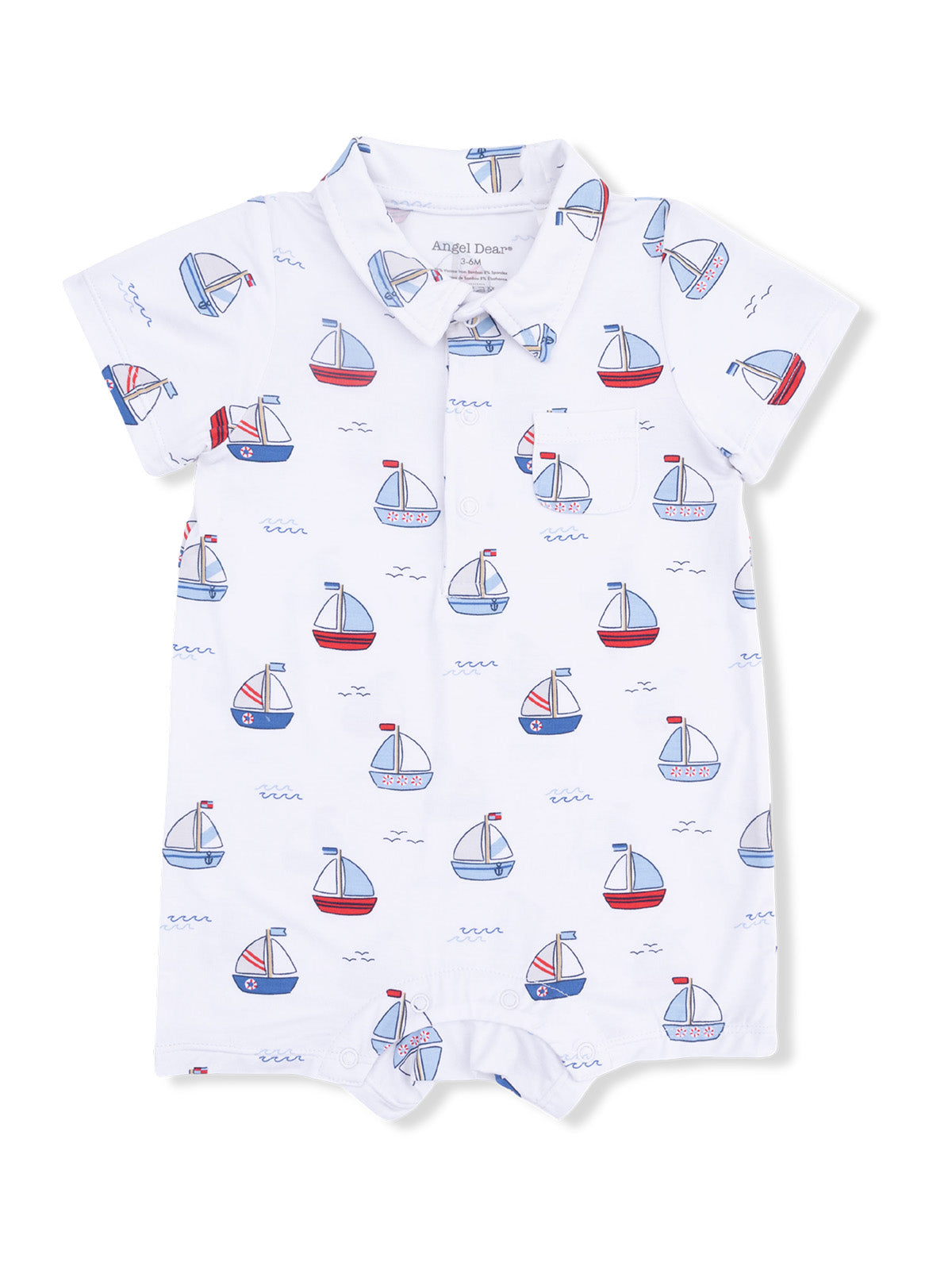 White baby romper with a sailboat pattern in red and blue. Features a collared neckline and a front pocket.