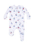 White baby onesie with boat patterns, featuring long sleeves and a zip closure. Perfect for comfortable playtime.