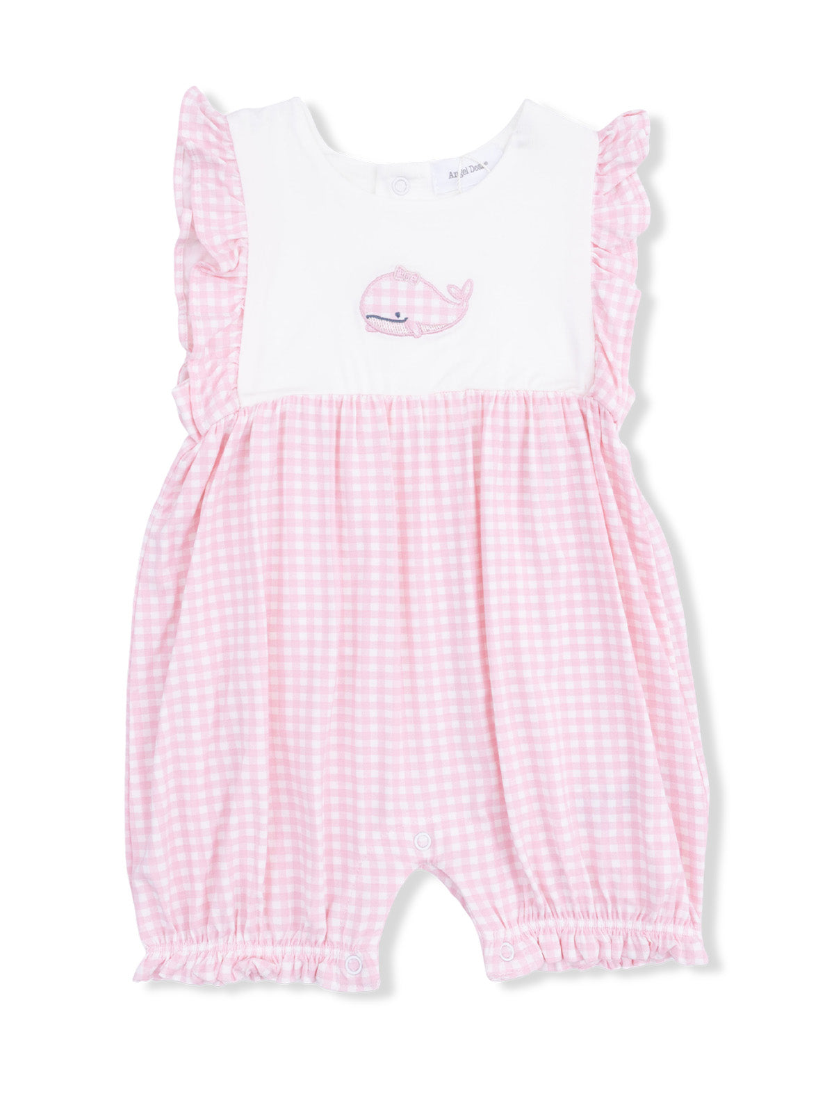 Pink gingham romper with ruffled sleeves and a whale embroidery on the front. Ideal for infants and toddlers.