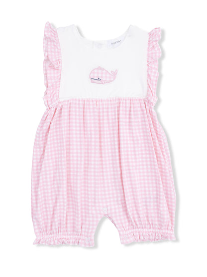 Pink gingham romper with ruffled sleeves and a whale embroidery on the front. Ideal for infants and toddlers.