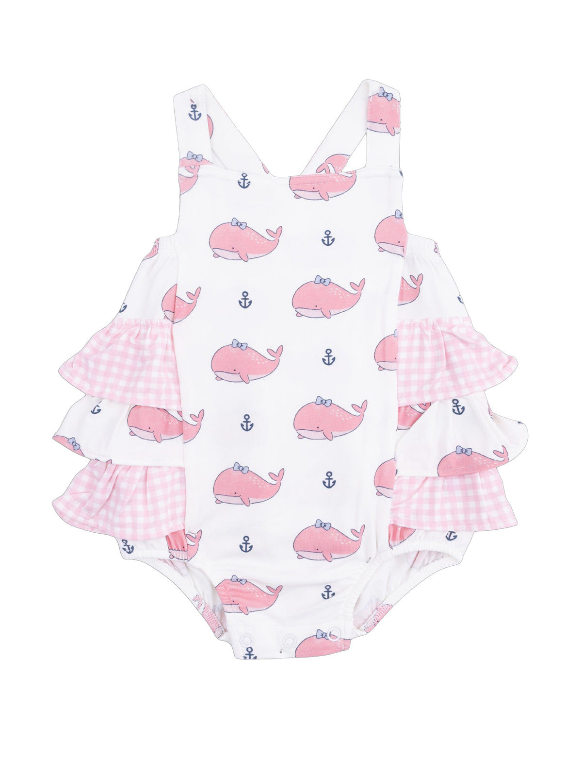 Pink whale-patterned girls' swimsuit with ruffled pink gingham sleeves and white background. Ideal for summer fun.