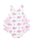 Pink whale-patterned girls' swimsuit with ruffled pink gingham sleeves and white background. Ideal for summer fun.