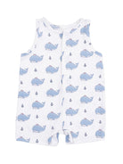 Blue whale-patterned baby romper with anchor designs on a white background. Suitable for warm weather.