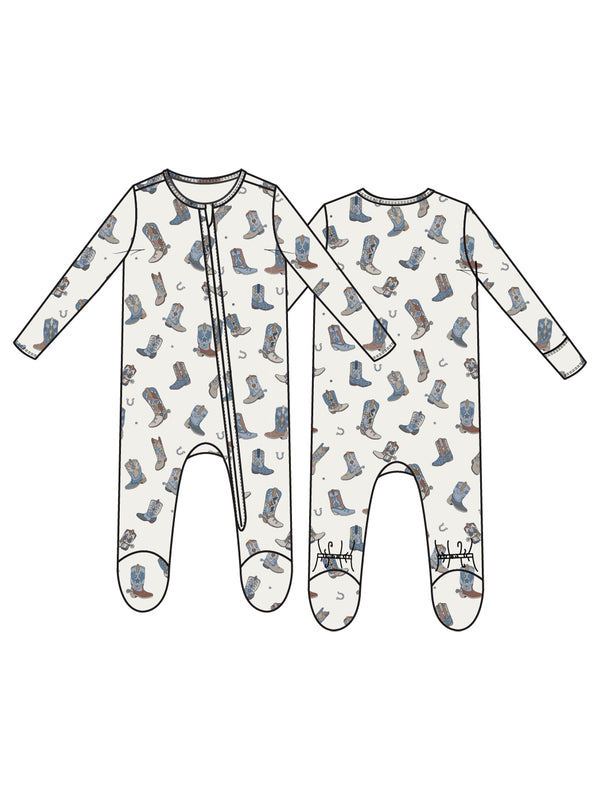 Infant onesie with a cowboy boot and horseshoe pattern, front and back view, designed for western-themed fashion.